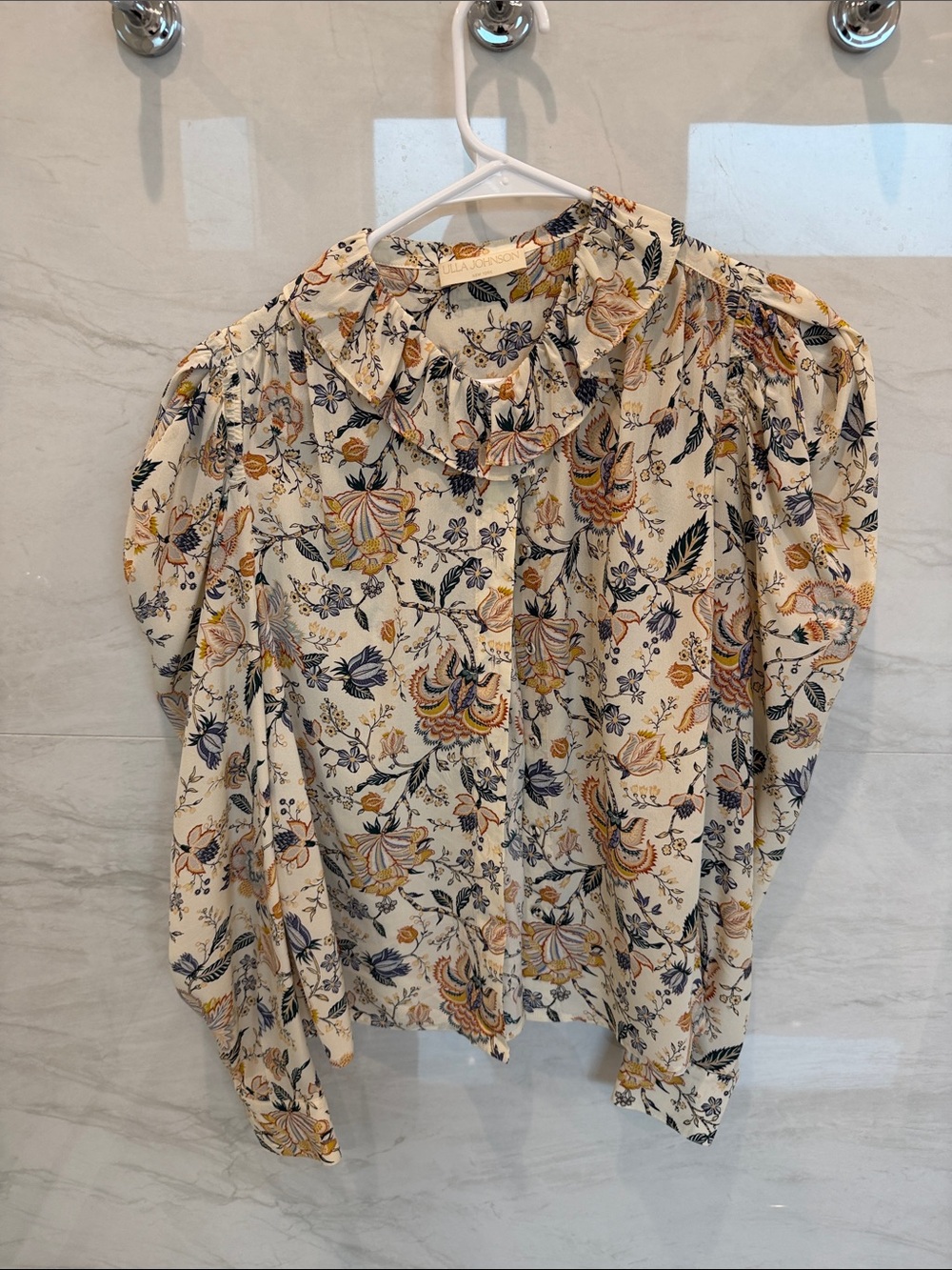 Ulla Johnson Cream Floral Ruffle-Neck Blouse